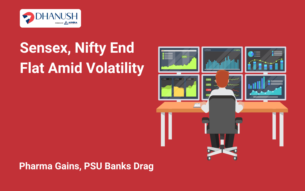Sensex, Nifty End Flat Amid Volatility; Pharma Gains, PSU Banks Drag